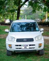 White Toyota RAV4 parked on grass under trees, front view